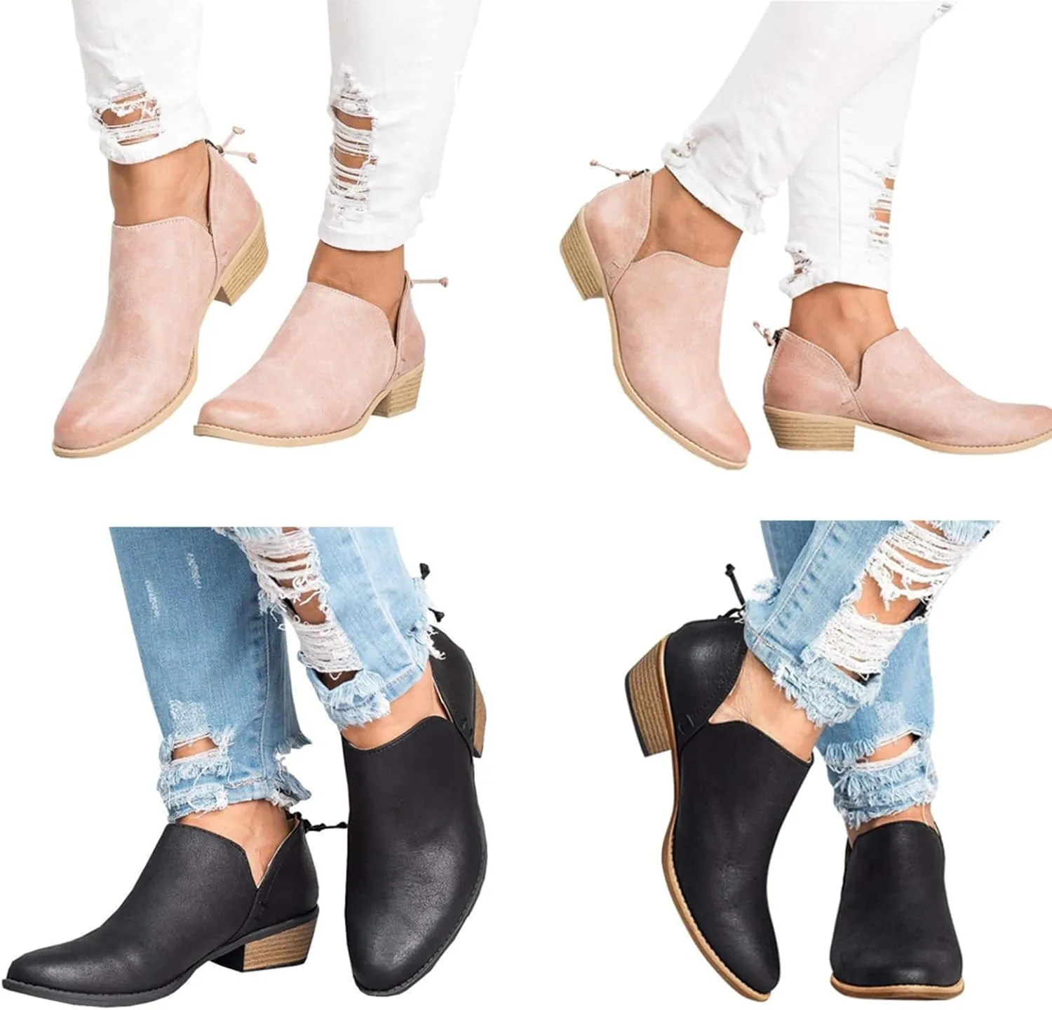 JITUUE Ankle Boots for Women Loafers Slip On Shoes Chunky Block Low Heels Office Pointed Toe Booties with Zipper Tassels