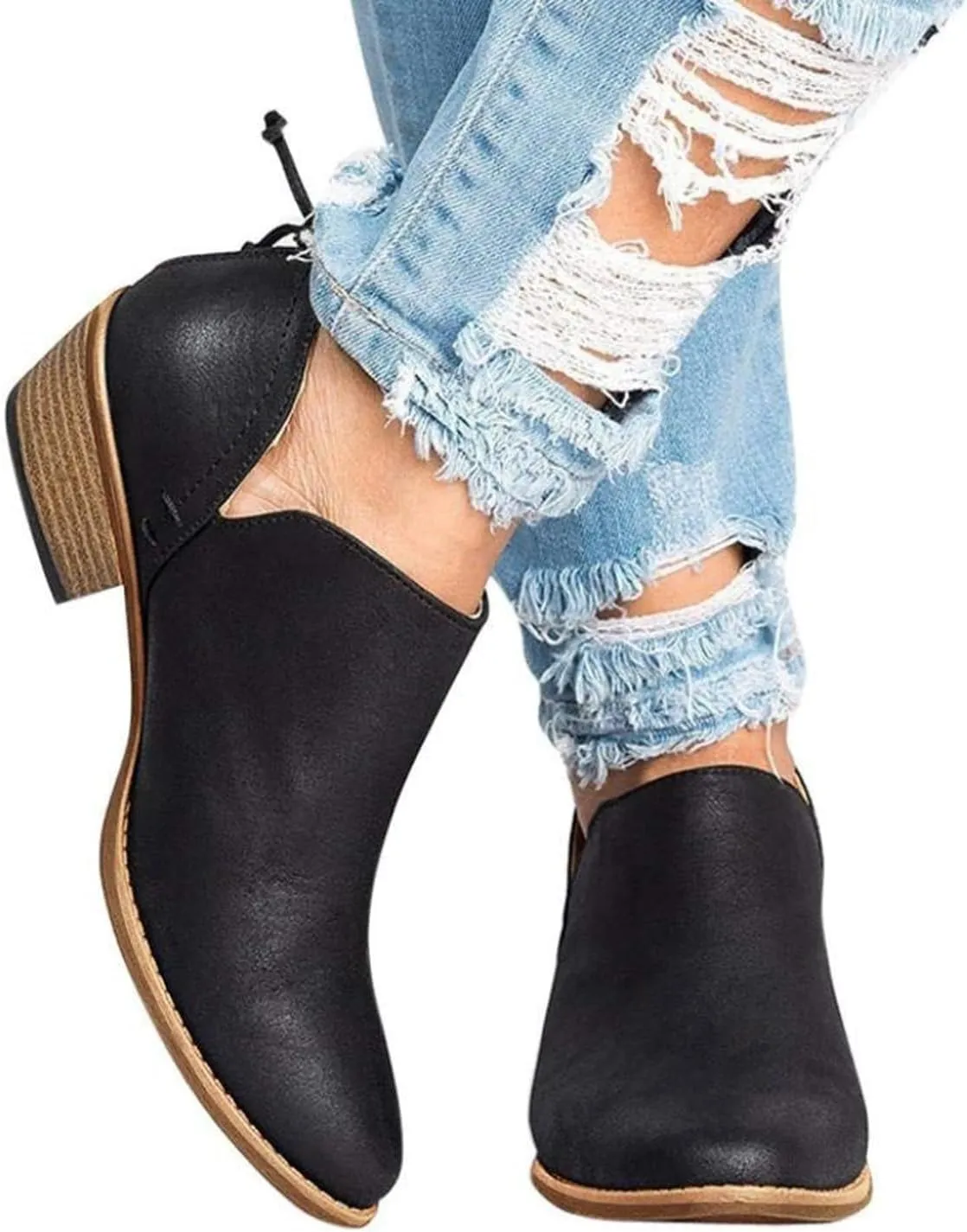 JITUUE Ankle Boots for Women Loafers Slip On Shoes Chunky Block Low Heels Office Pointed Toe Booties with Zipper Tassels