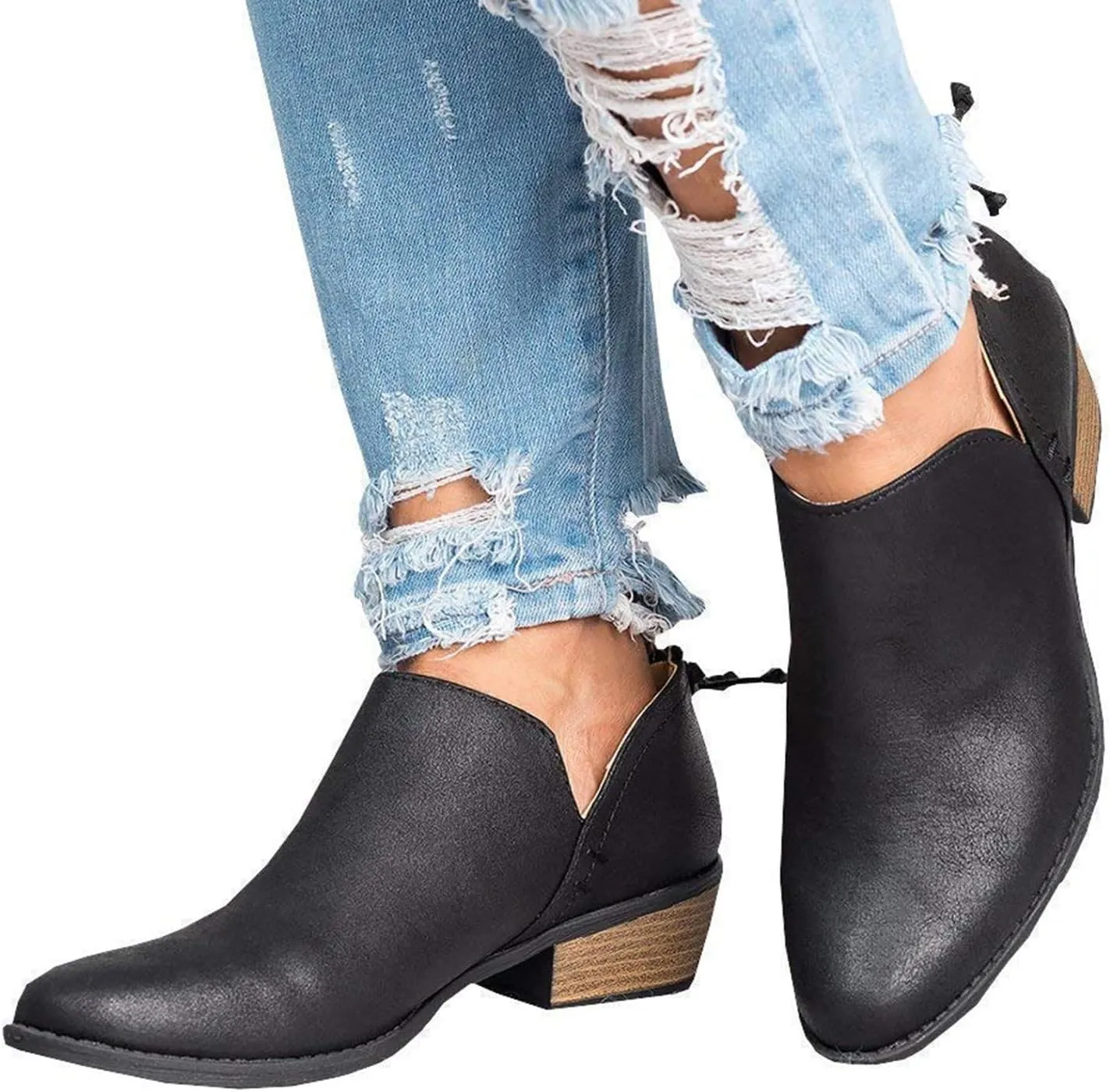 JITUUE Ankle Boots for Women Loafers Slip On Shoes Chunky Block Low Heels Office Pointed Toe Booties with Zipper Tassels