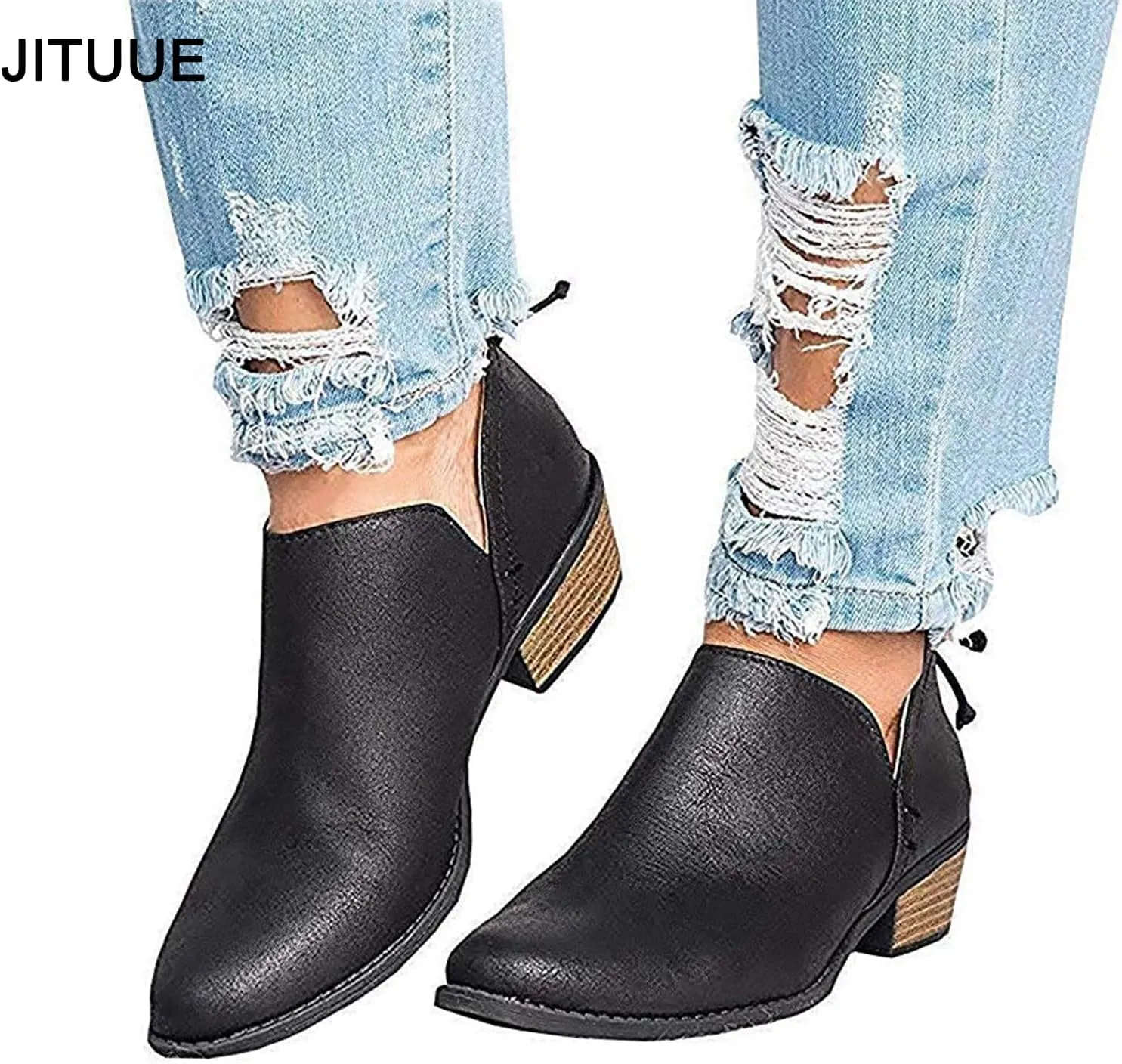 JITUUE Ankle Boots for Women Loafers Slip On Shoes Chunky Block Low Heels Office Pointed Toe Booties with Zipper Tassels