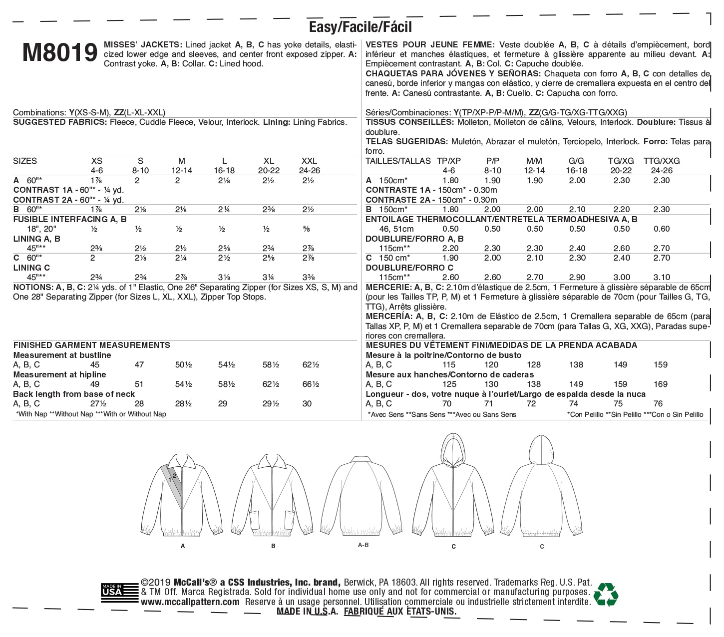 McCall's Pattern M8019 Misses' Jackets