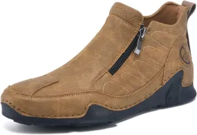 Men's Leather Comfortable Slip on Chukka Ankle Boots Outdoor Lightweight Non-slip Side Zipper Flat Driving Shoes for Walking Hiking