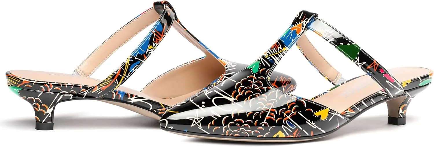 MODENCOCO Women's T Strap Pointed Toe Dress Party Slip On Comfortable Patent Kitten Low Heel Mules Shoes 1.5 Inch