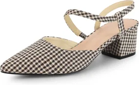 Perphy Houndstooth Pumps Slip on Pointed Toe Slingback Chunky Heels Pump for Women
