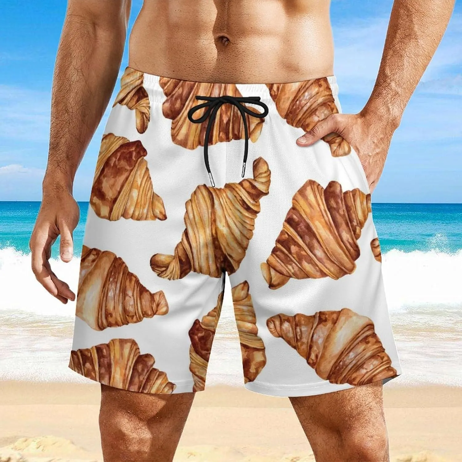 Pink Bow Croissants Beach Shorts for Men Swim Trunks with Compression Liner Quick Dry 4 Pockets