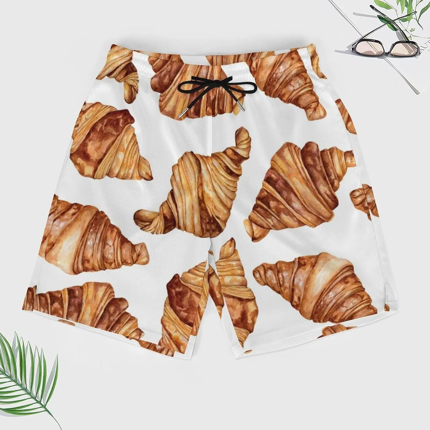Pink Bow Croissants Beach Shorts for Men Swim Trunks with Compression Liner Quick Dry 4 Pockets