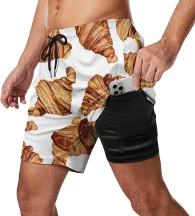 Pink Bow Croissants Beach Shorts for Men Swim Trunks with Compression Liner Quick Dry 4 Pockets