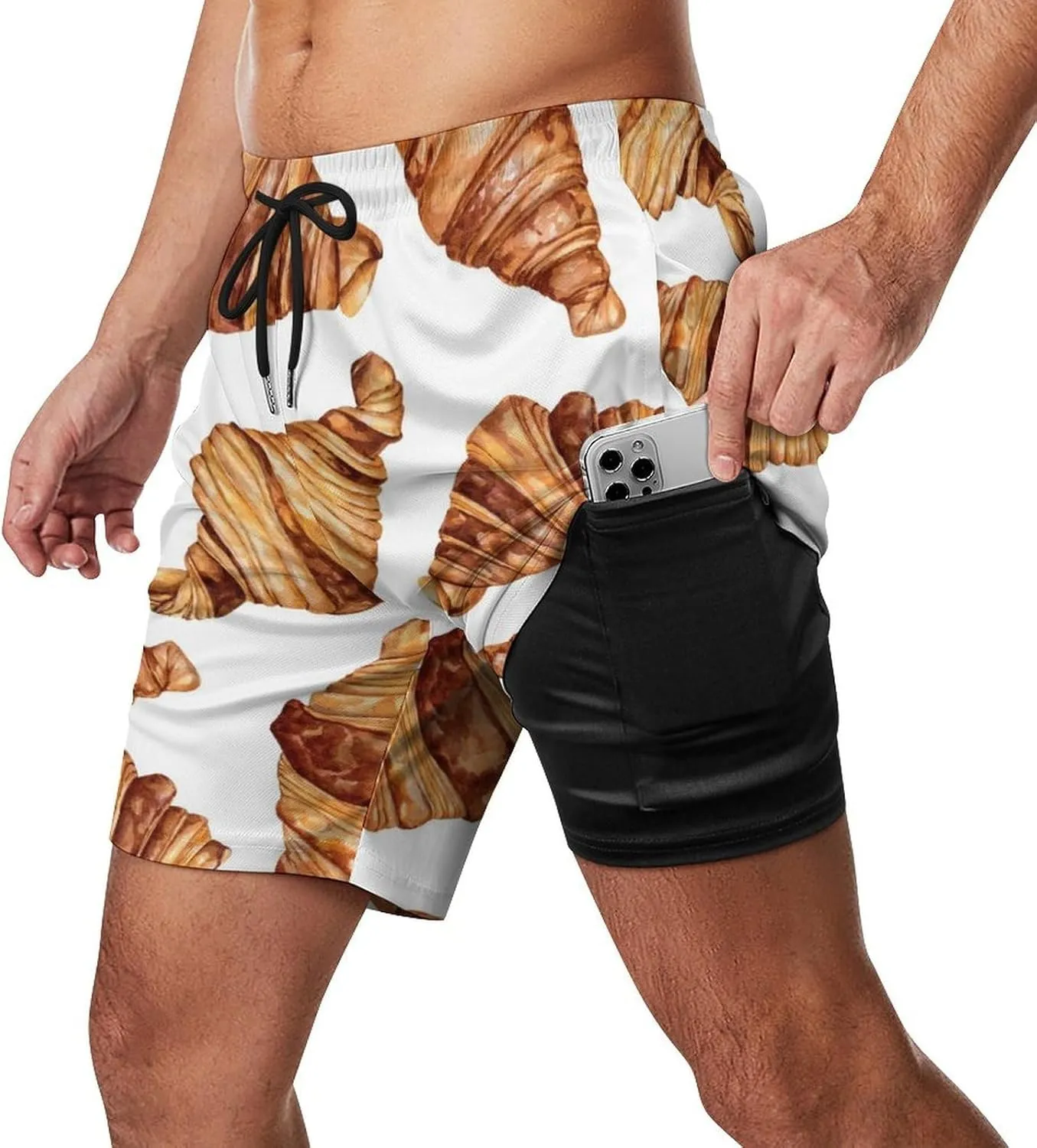 Pink Bow Croissants Beach Shorts for Men Swim Trunks with Compression Liner Quick Dry 4 Pockets