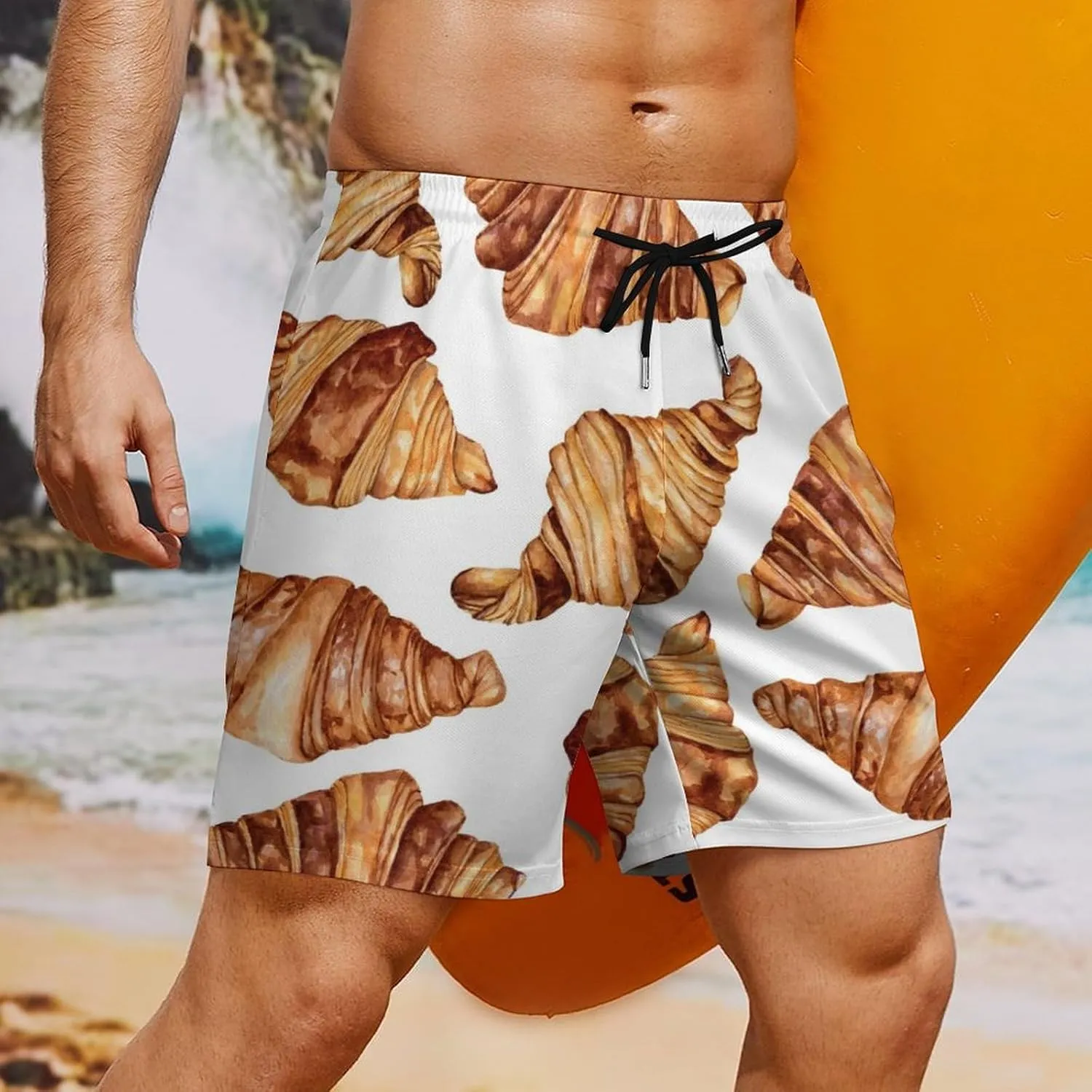 Pink Bow Croissants Beach Shorts for Men Swim Trunks with Compression Liner Quick Dry 4 Pockets