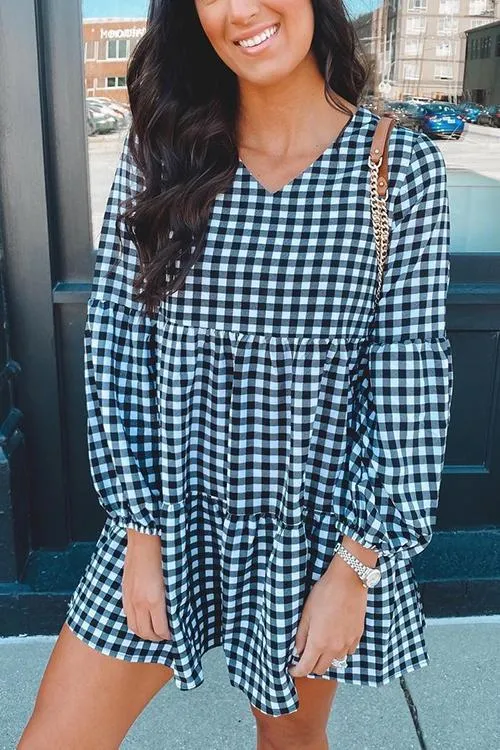 Plaid V Neck Ruffles Long Sleeve Mini Dress