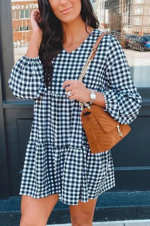 Plaid V Neck Ruffles Long Sleeve Mini Dress