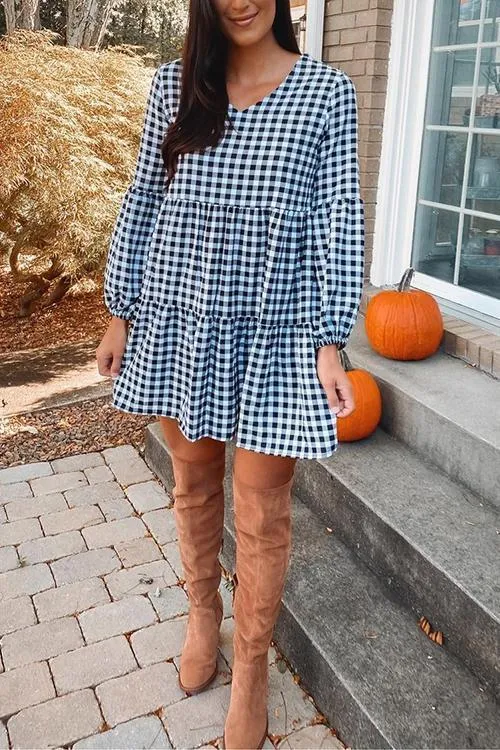 Plaid V Neck Ruffles Long Sleeve Mini Dress