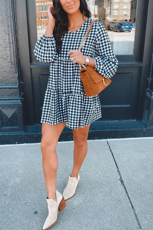 Plaid V Neck Ruffles Long Sleeve Mini Dress