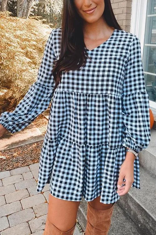 Plaid V Neck Ruffles Long Sleeve Mini Dress