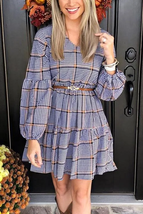 Plaid V Neck Ruffles Long Sleeve Mini Dress