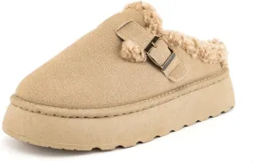 SIFINELAR Platform Slippers for Women Mini Ankle Booties Warm Fuzzy Slippers Brown Suede Boots with Platform Cozy Slides Lightweight Boots with Comfort for Jeans/Dress
