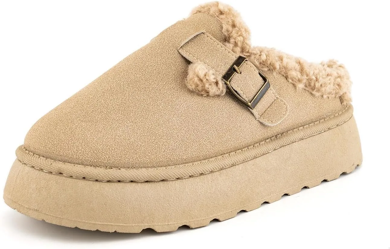 SIFINELAR Platform Slippers for Women Mini Ankle Booties Warm Fuzzy Slippers Brown Suede Boots with Platform Cozy Slides Lightweight Boots with Comfort for Jeans/Dress
