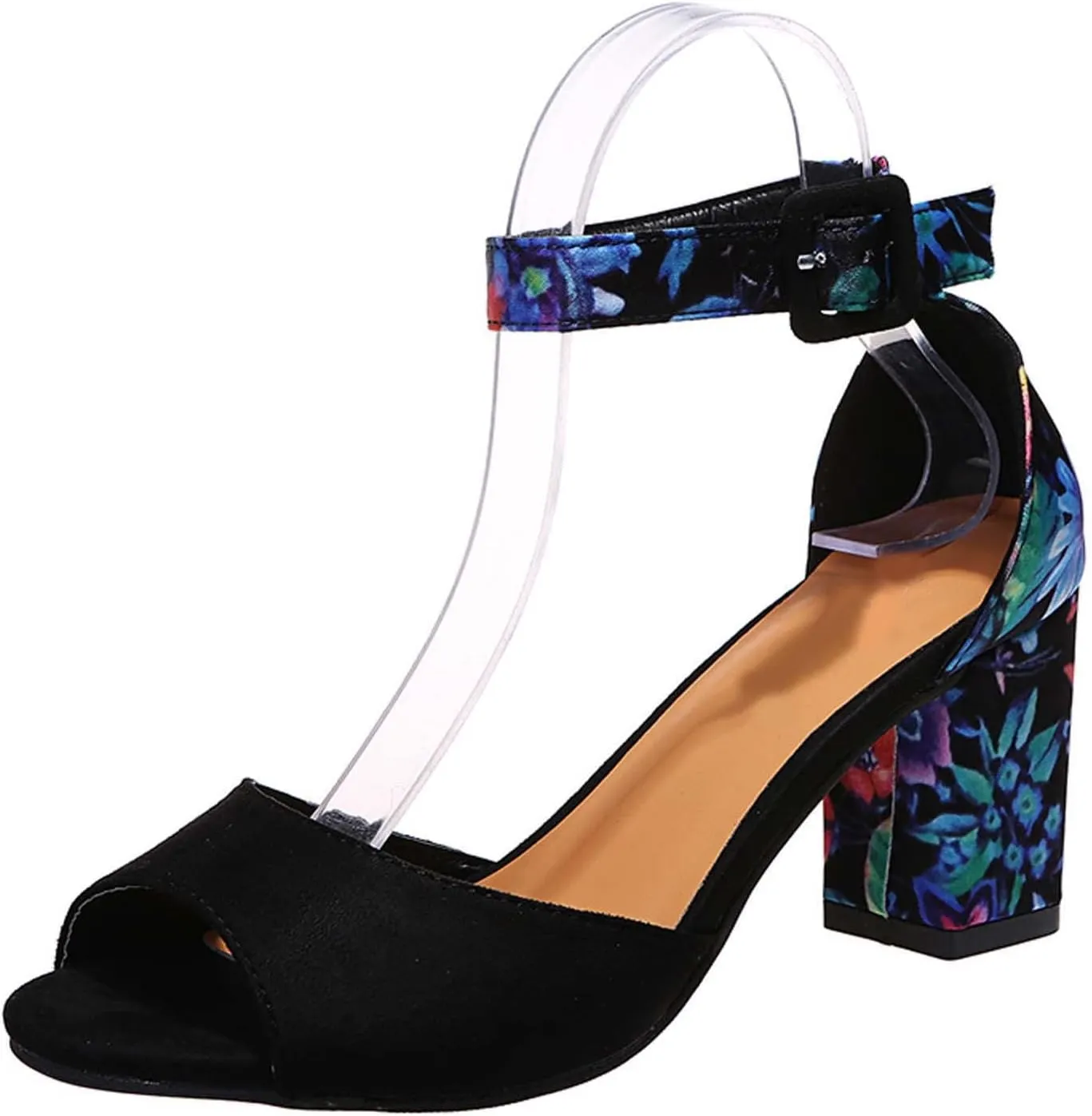 Womens Floral Thick Heel Sandals Ankle Strap Buckle Fish Mouth Open Toe Hollow Chunky High Heel Shoes Summer Comfy Casual Shoes with Jeans