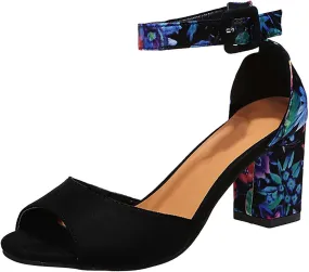 Womens Floral Thick Heel Sandals Ankle Strap Buckle Fish Mouth Open Toe Hollow Chunky High Heel Shoes Summer Comfy Casual Shoes with Jeans