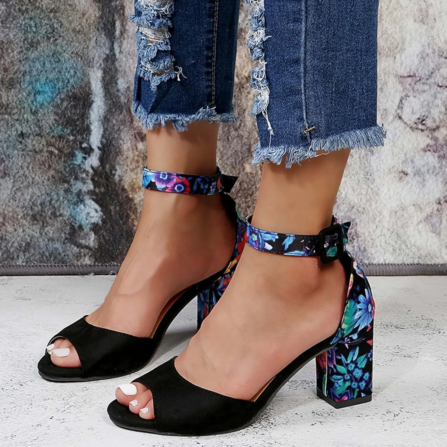 Womens Floral Thick Heel Sandals Ankle Strap Buckle Fish Mouth Open Toe Hollow Chunky High Heel Shoes Summer Comfy Casual Shoes with Jeans