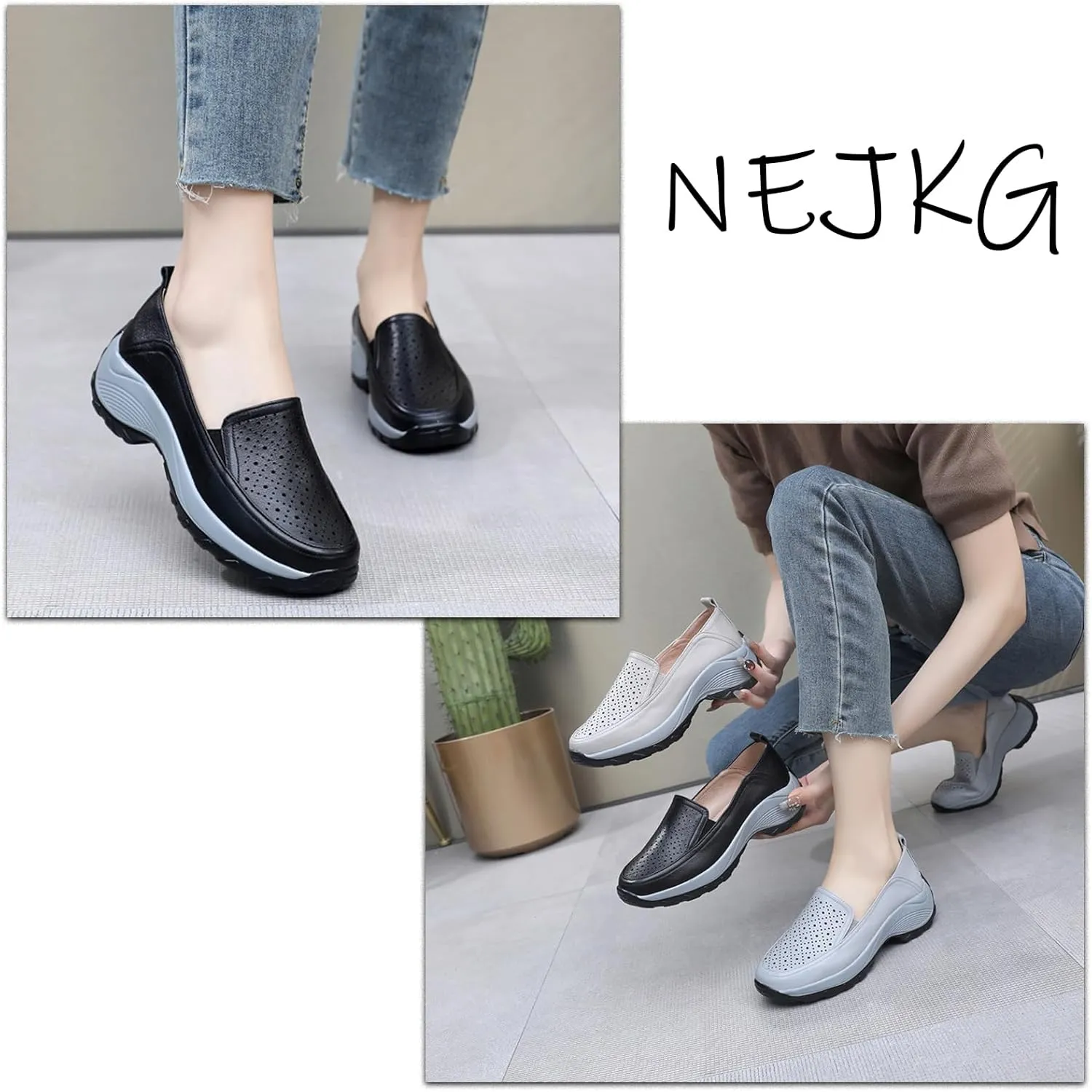 Women's Genuine Leather Hollow Platform Sports Loafers Closed Round Toe Comfortable Breathable Non Slip Slip On Driving Shoes for Walking Shopping Traveling Walking Shoes