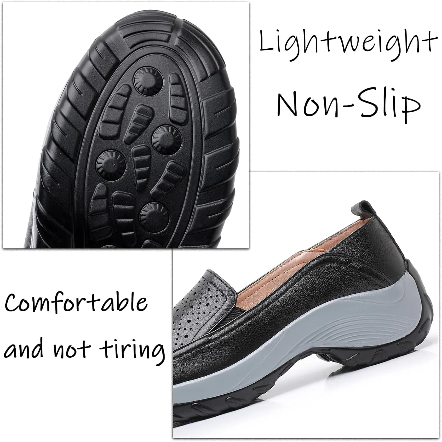 Women's Genuine Leather Hollow Platform Sports Loafers Closed Round Toe Comfortable Breathable Non Slip Slip On Driving Shoes for Walking Shopping Traveling Walking Shoes