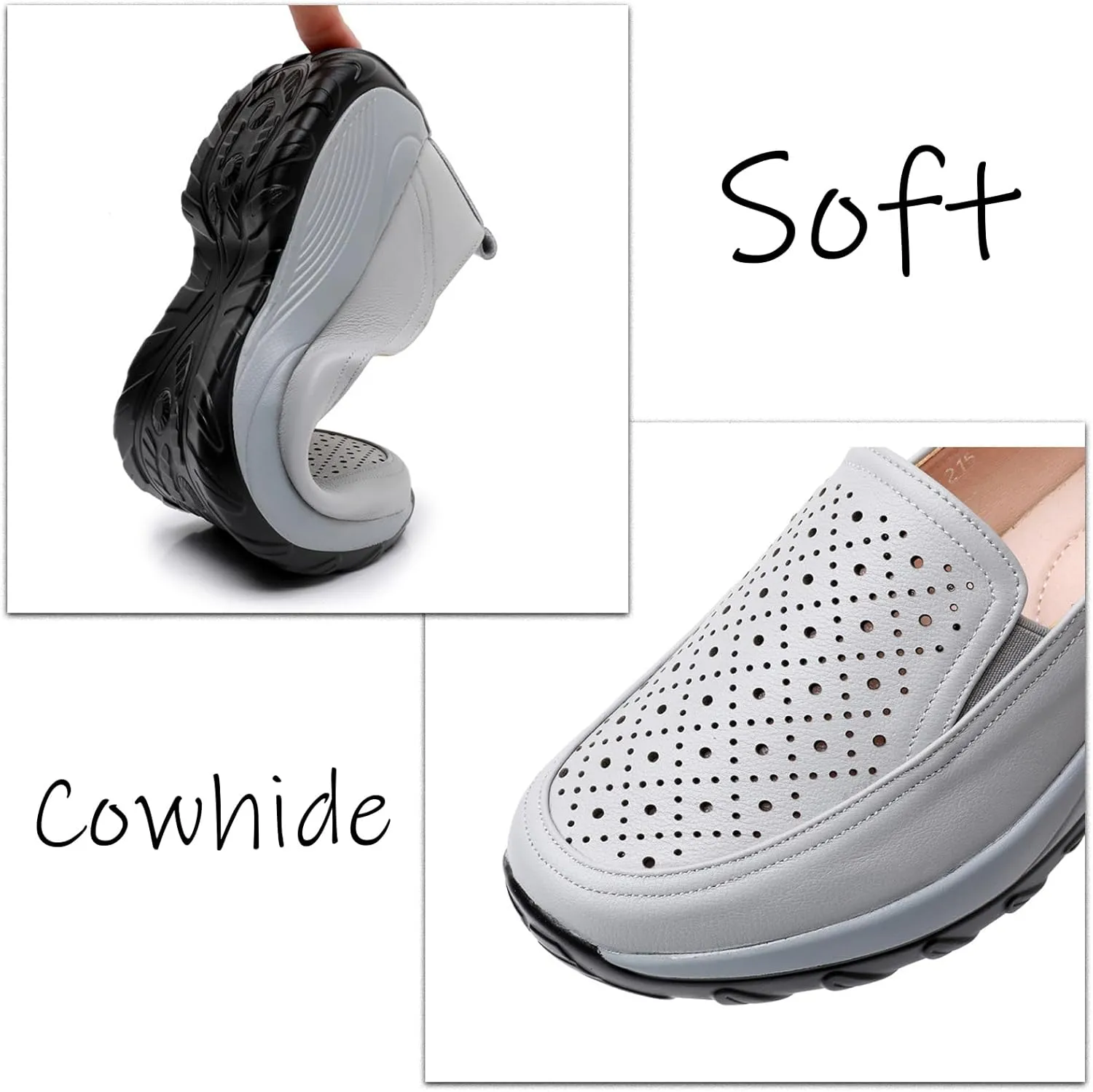 Women's Genuine Leather Hollow Platform Sports Loafers Closed Round Toe Comfortable Breathable Non Slip Slip On Driving Shoes for Walking Shopping Traveling Walking Shoes