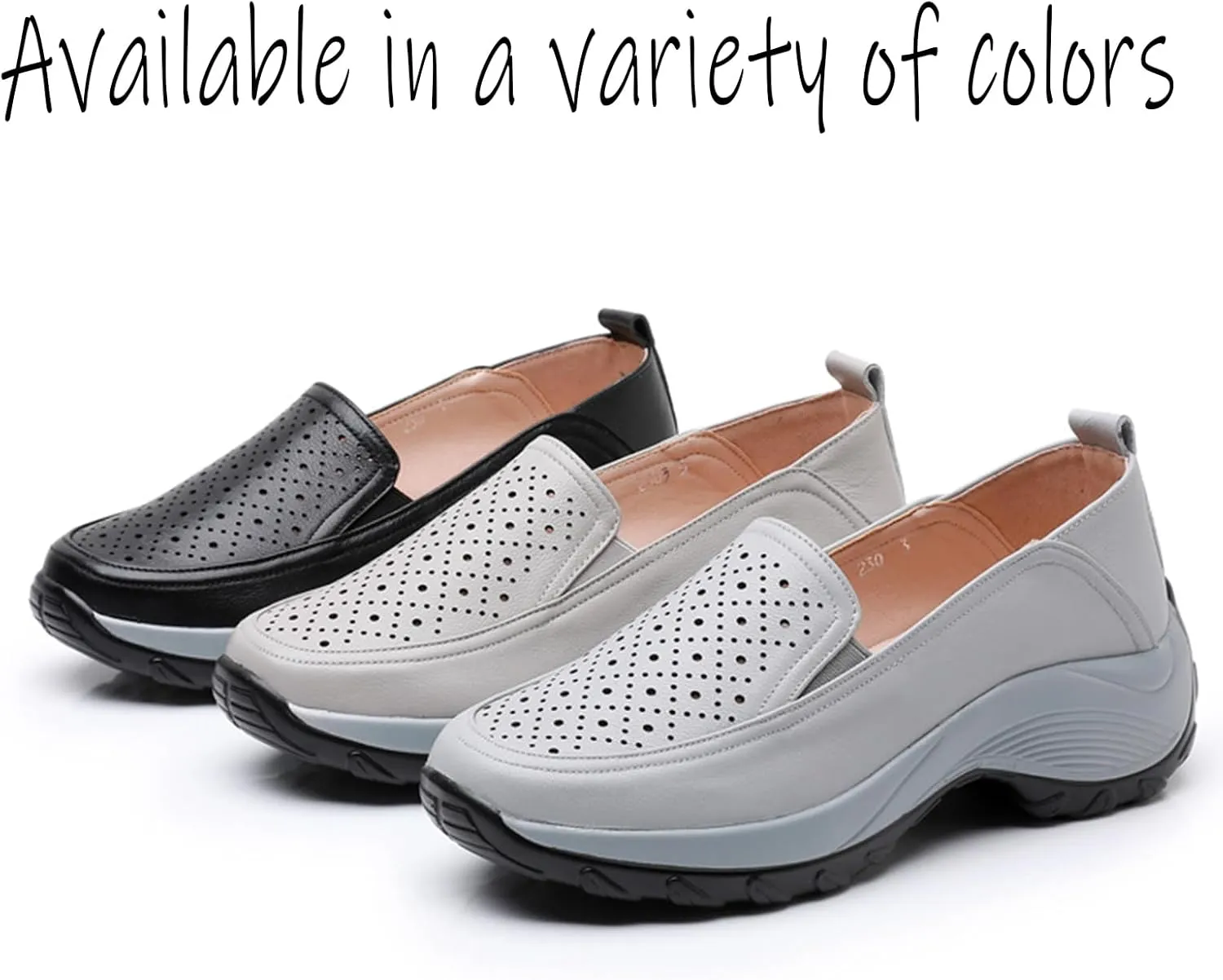 Women's Genuine Leather Hollow Platform Sports Loafers Closed Round Toe Comfortable Breathable Non Slip Slip On Driving Shoes for Walking Shopping Traveling Walking Shoes