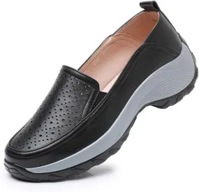 Women's Genuine Leather Hollow Platform Sports Loafers Closed Round Toe Comfortable Breathable Non Slip Slip On Driving Shoes for Walking Shopping Traveling Walking Shoes