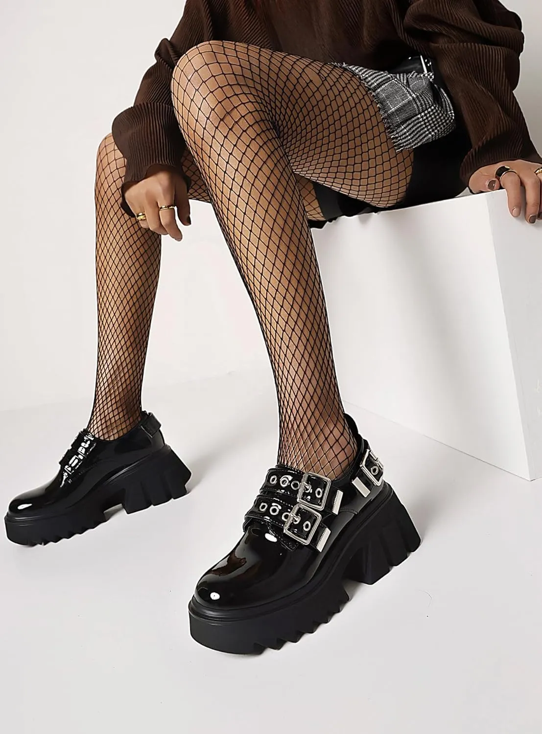 Women's Patent Leather Buckle Chunky Heel Punk Loafers Comfort Non-Slip Round Toe Slip on Platform Uniform Gothic Shoes