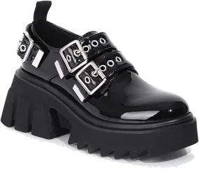 Women's Patent Leather Buckle Chunky Heel Punk Loafers Comfort Non-Slip Round Toe Slip on Platform Uniform Gothic Shoes