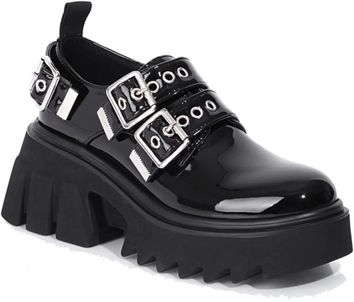 Women's Patent Leather Buckle Chunky Heel Punk Loafers Comfort Non-Slip Round Toe Slip on Platform Uniform Gothic Shoes