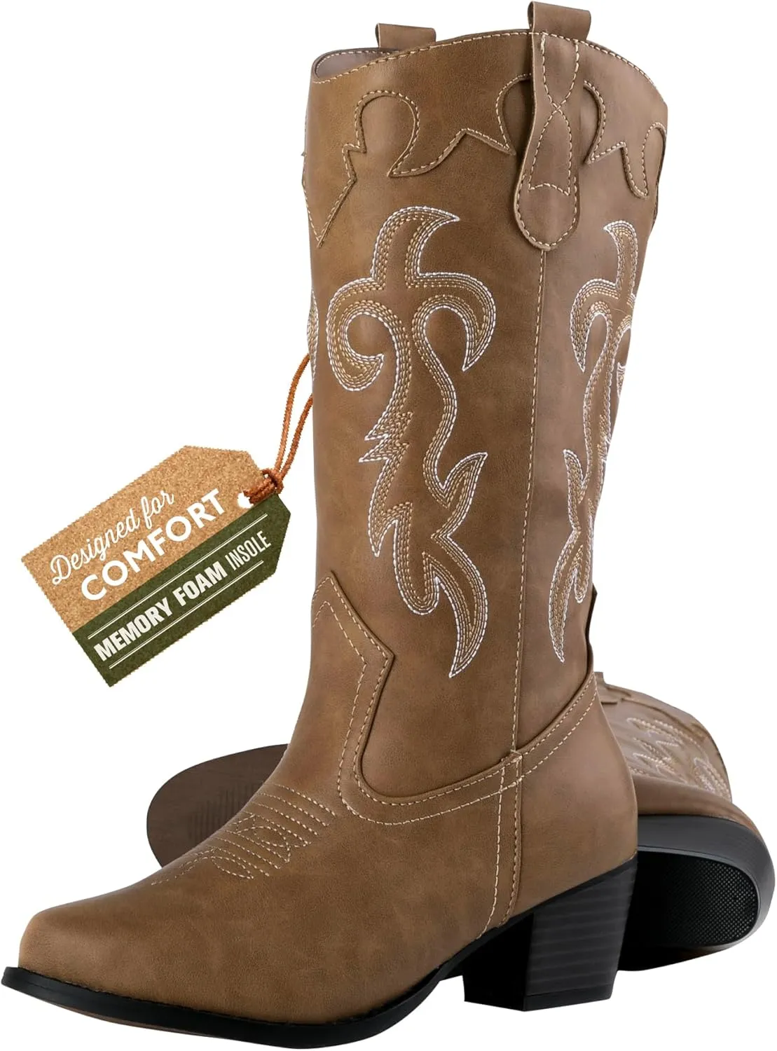 Women's Rodeo Boots - Classic Western Booties for Women & Teen Girls, Black, Mid-Calf, Faux Leather, Memory Foam Insole, Cowboy Boots