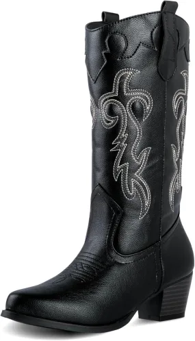 Women's Rodeo Boots - Classic Western Booties for Women & Teen Girls, Black, Mid-Calf, Faux Leather, Memory Foam Insole, Cowboy Boots
