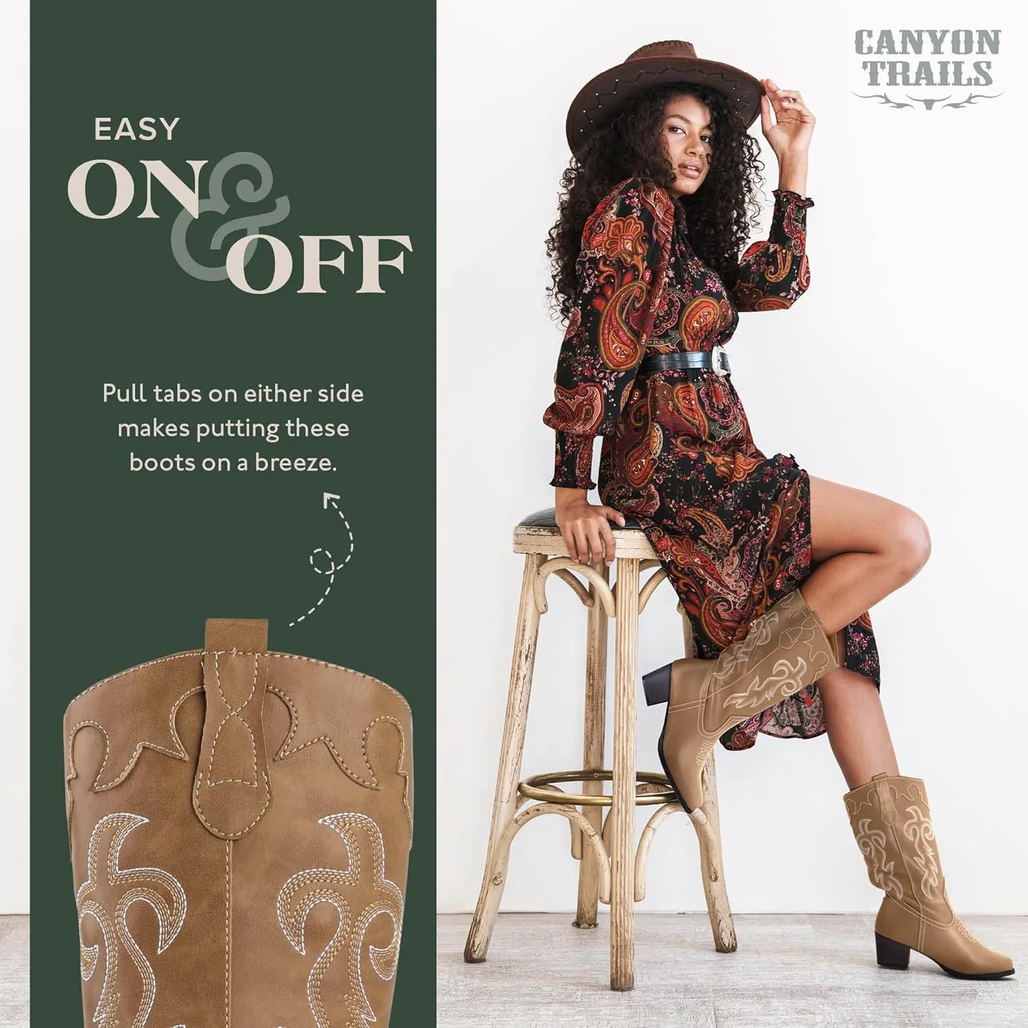 Women's Rodeo Boots - Classic Western Booties for Women & Teen Girls, Black, Mid-Calf, Faux Leather, Memory Foam Insole, Cowboy Boots