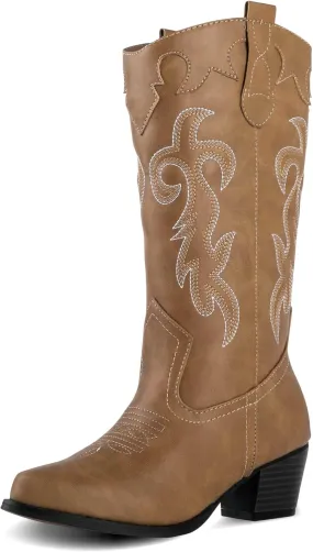 Women's Rodeo Boots - Classic Western Booties for Women & Teen Girls, Black, Mid-Calf, Faux Leather, Memory Foam Insole, Cowboy Boots