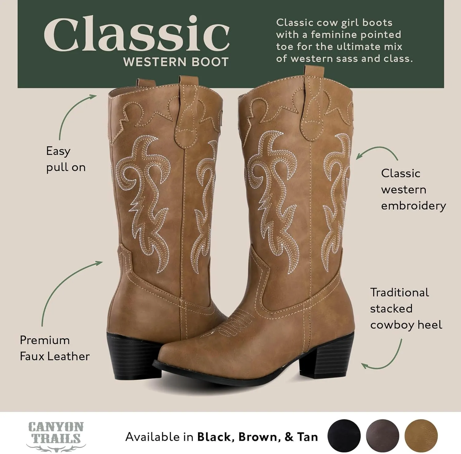 Women's Rodeo Boots - Classic Western Booties for Women & Teen Girls, Black, Mid-Calf, Faux Leather, Memory Foam Insole, Cowboy Boots