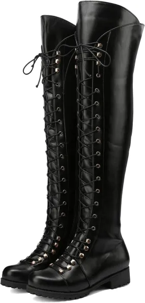 Yishaweiqi Over The Knee High Boots Lace-up Flat Long Boot PU Leather Riding boot